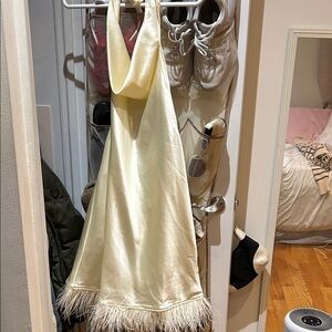 Elegant Off White Halter Dress with Feather Trim